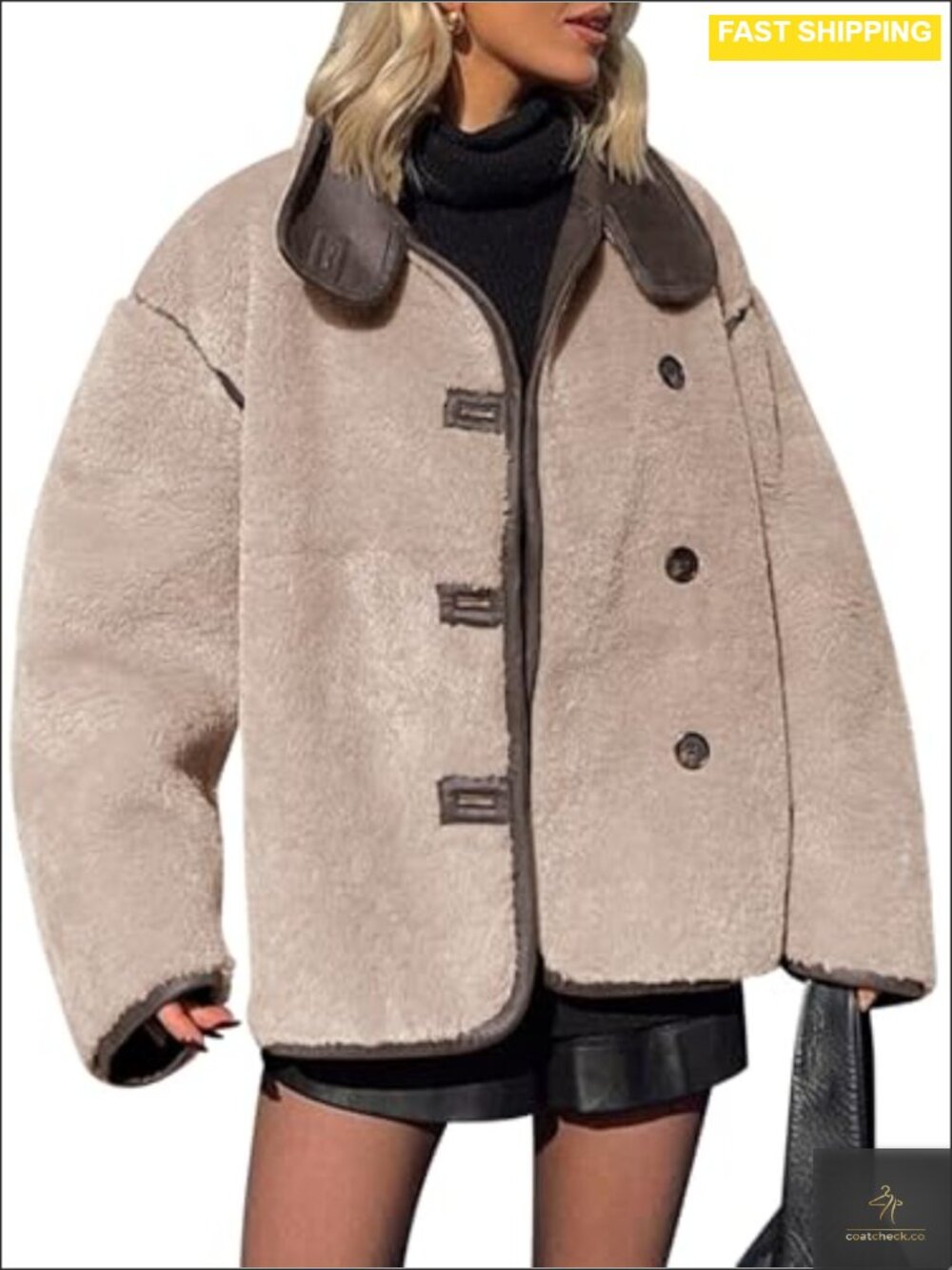 Faux Fur Button Down Winter Coat Stand Collar Loose Fit Warm Outwear